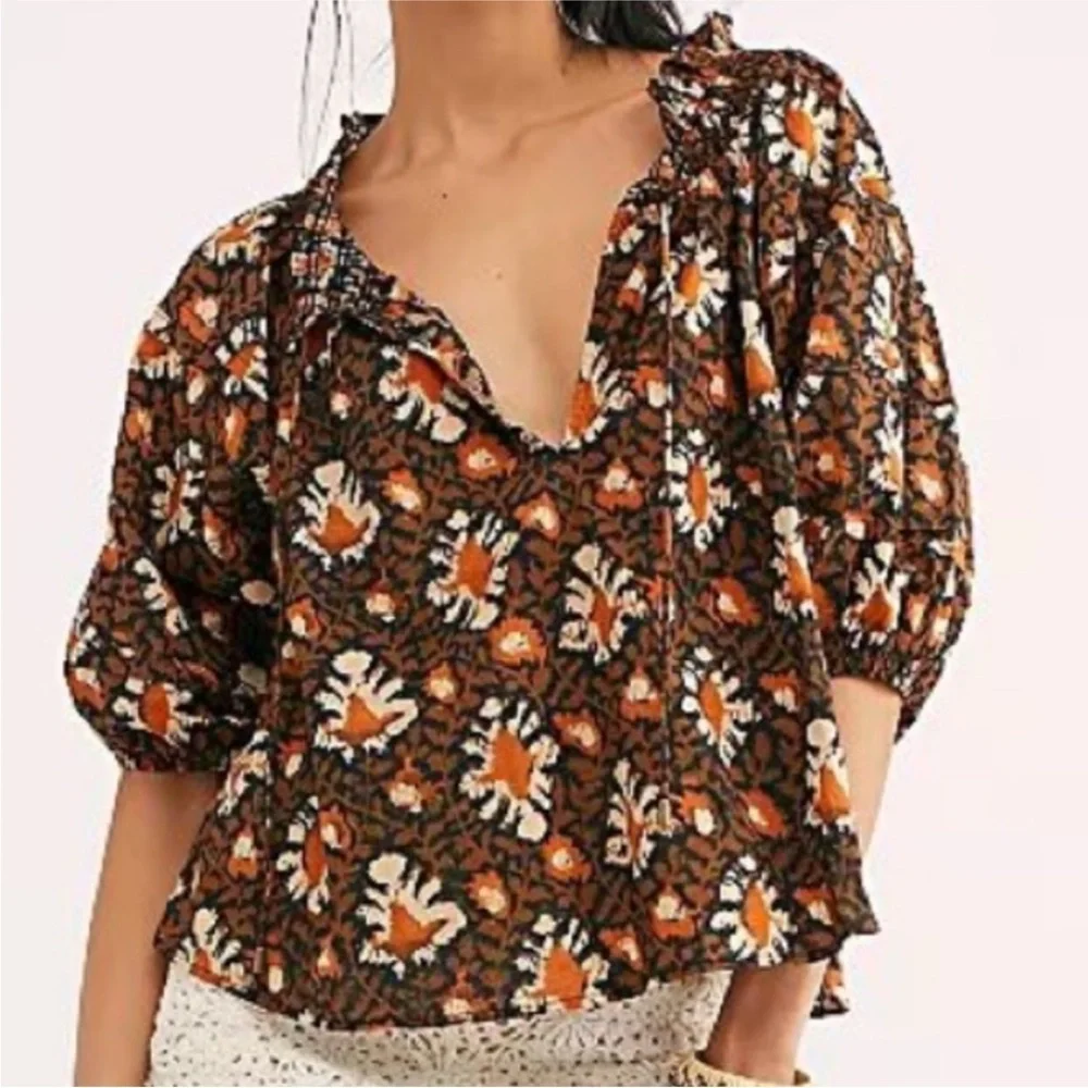 Free People Willow Printed Puff Sleeve Blouse Top Size XS